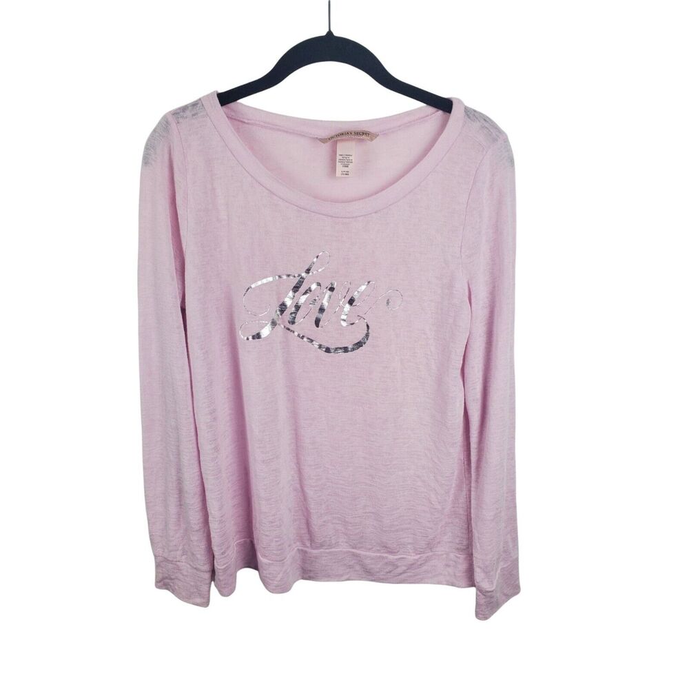 Victoria's Secret Long Sleeve Top Womens Small Pink Crew Neck Silver Love Causal